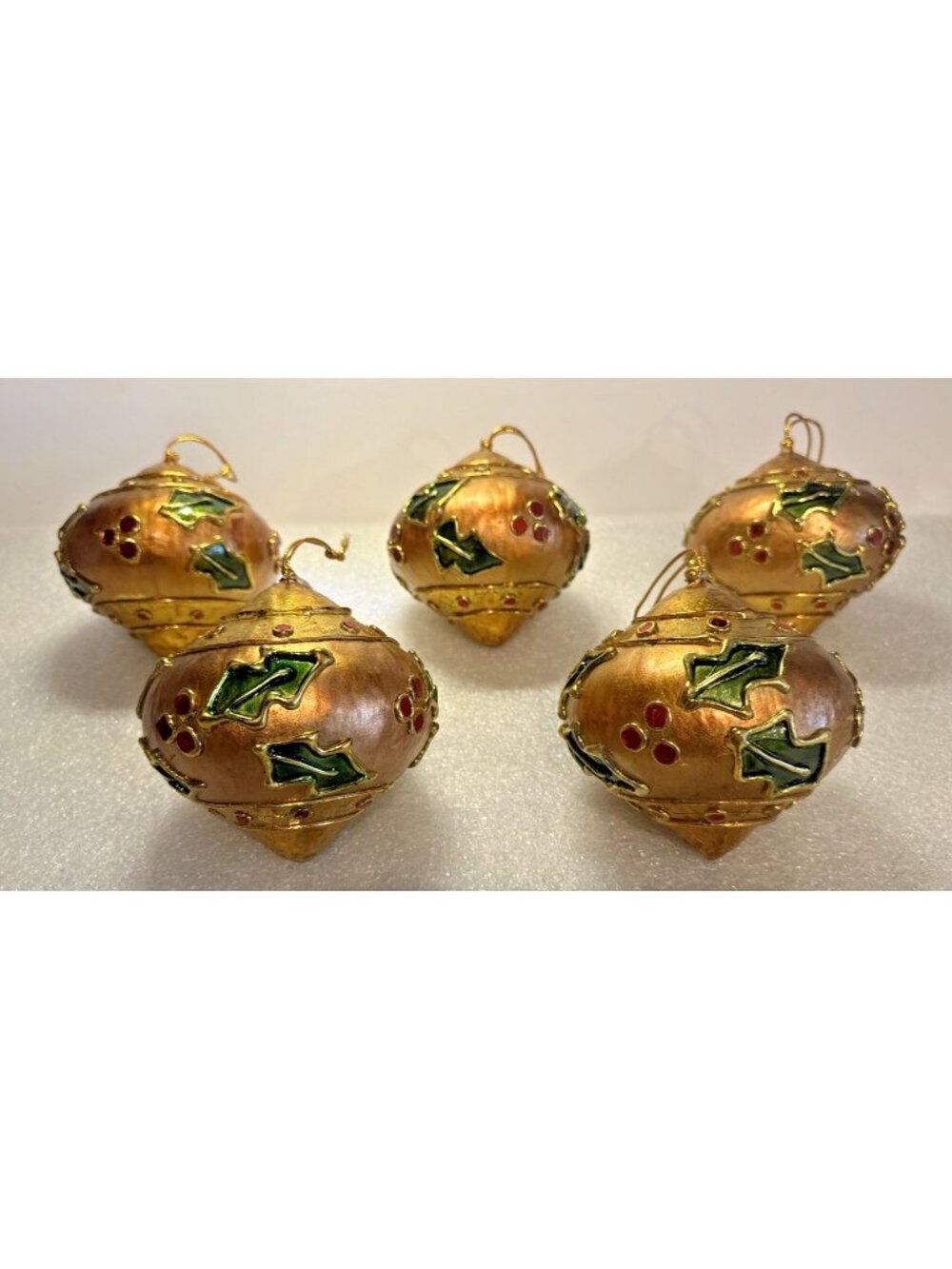 Set of 5 Cloisonné Style Christmas Ornaments Teardrop Holly Leaves Berries 4.5"